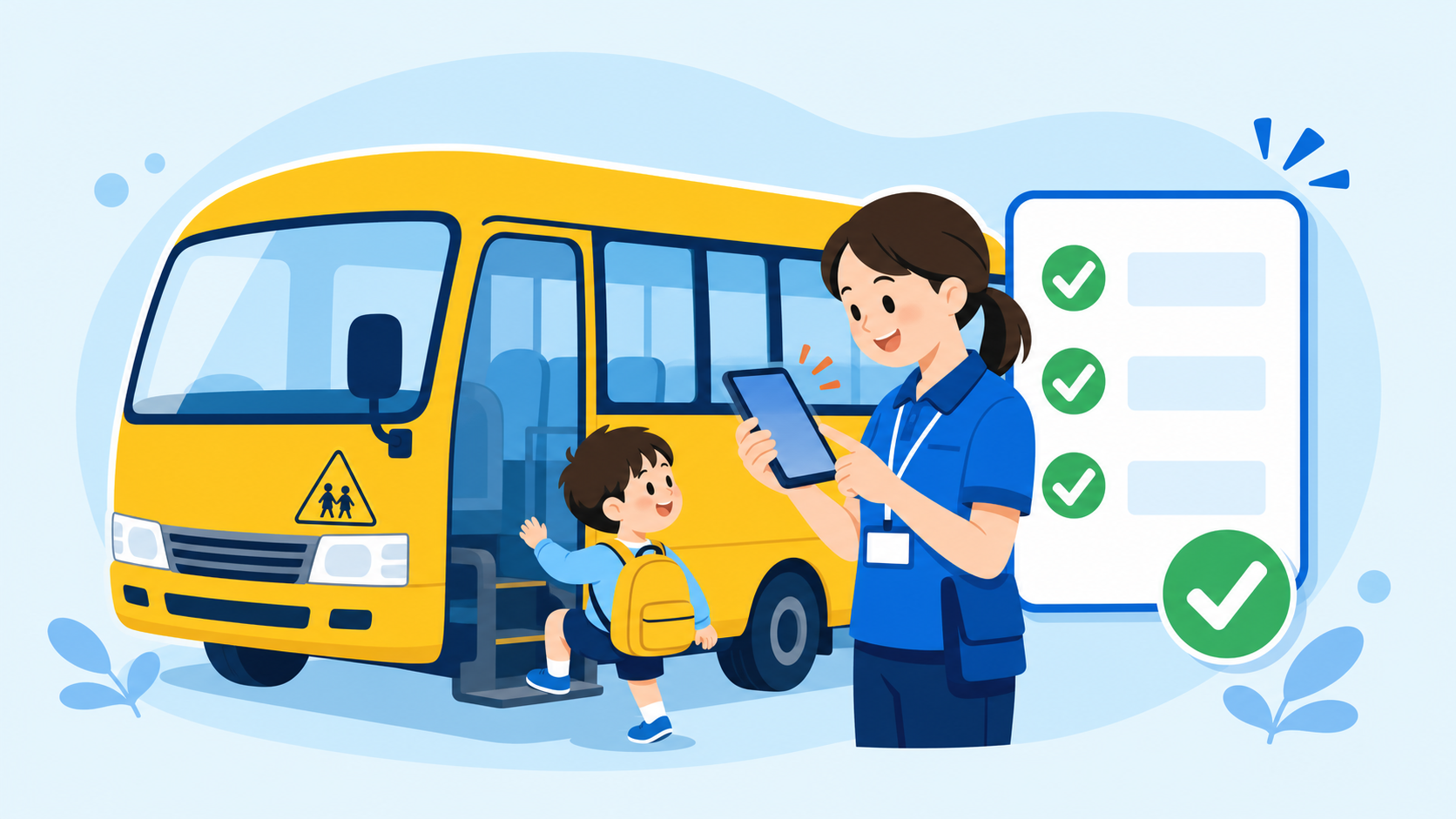 専用アプリで園児の乗車を確認する職員のイラスト